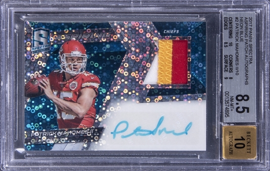 2017 Panini Spectra Neon Blue Prizm #APA-PM Patrick Mahomes II Signed Patch Rookie Card (#4/10) - BGS NM-MT+ 8.5/BGS 10